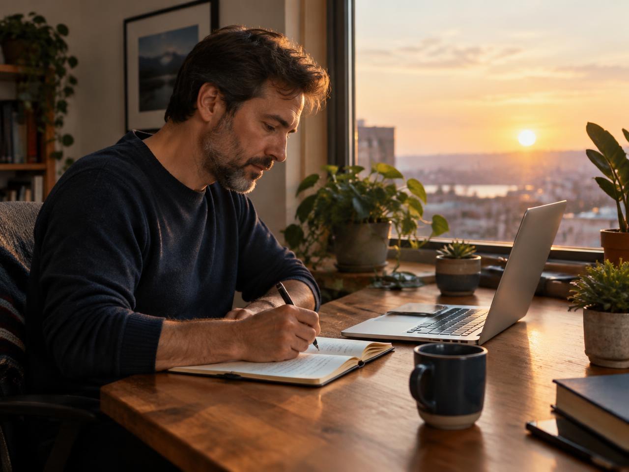 Person planning their next step in a notebook at sunrise